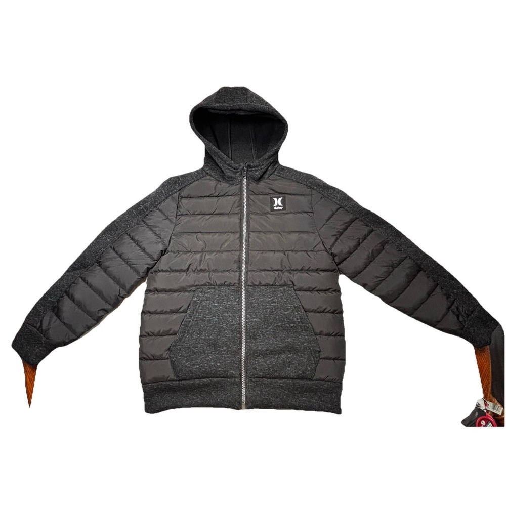 Hurley Boys Puffer Jacket Hoodie Gray Youth Medium 10 12 Quilted Full Zip